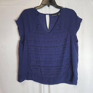 DKNY Womens Chiffon Embellished Short Sleeve Blouse Navy Blue Size M C17